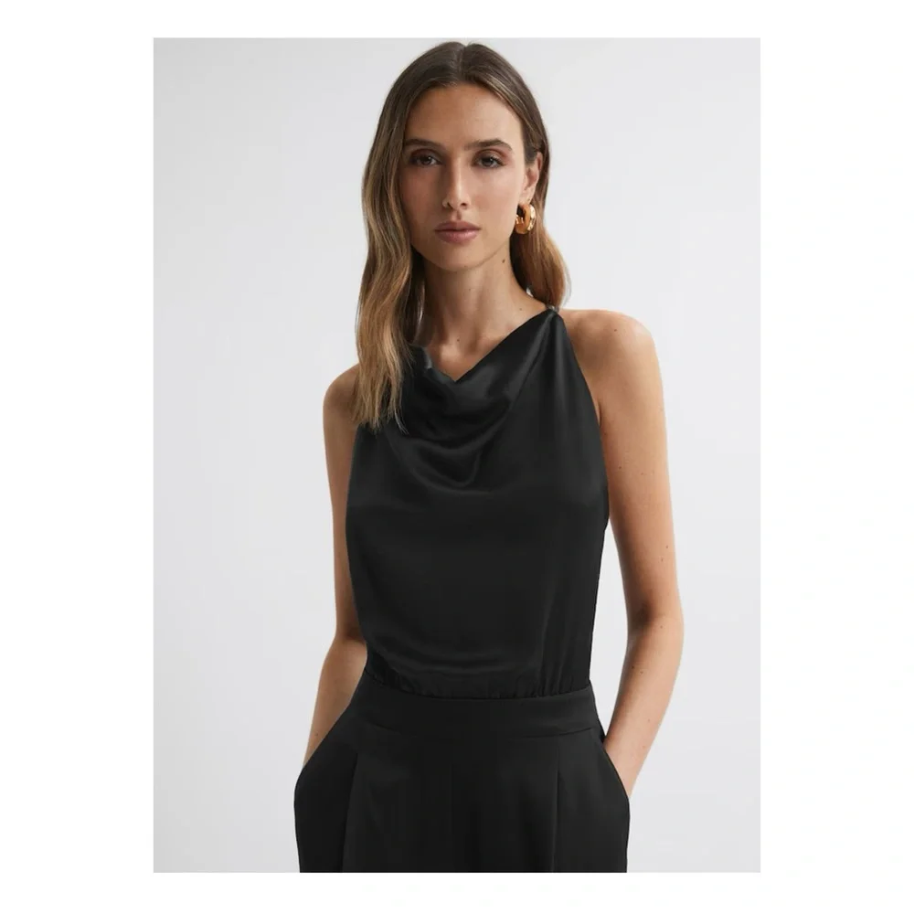 New! REISS Malia Cowl Neck Open Back Satin Jumpsuit In Black - Picture 3 of 11
